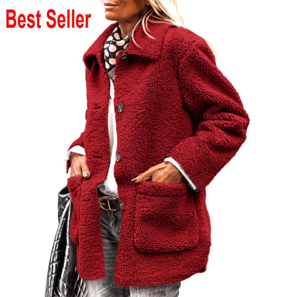Faux Fur Sherpa Jacket With Lapel Collar And Pockets, Winter Outerwear